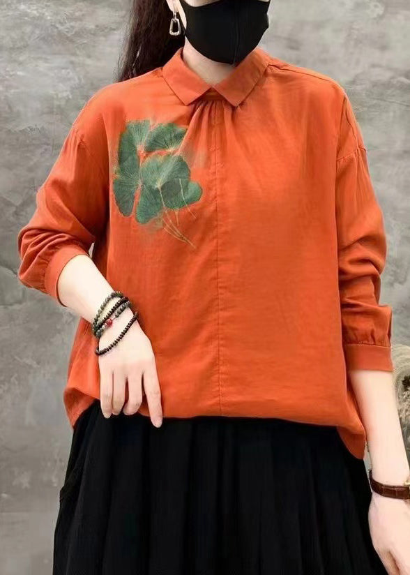 Orange Button Linen Shirt Peter Pan Collar Long Sleeve RE018 MZF-LTP240807