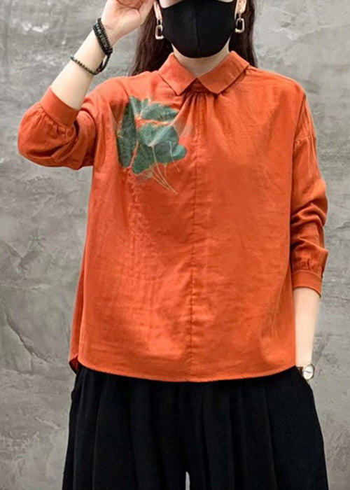 Orange Button Linen Shirt Peter Pan Collar Long Sleeve RE018 MZF-LTP240807