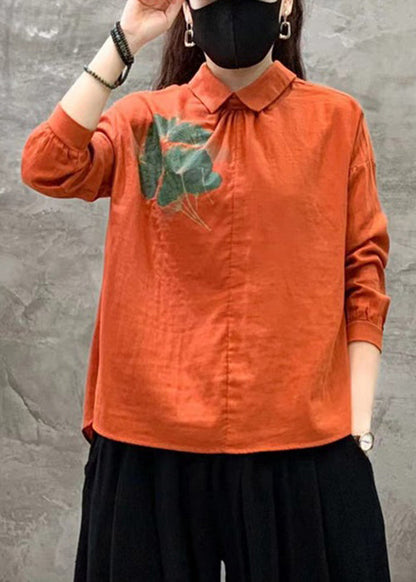 Orange Button Linen Shirt Peter Pan Collar Long Sleeve RE018 MZF-LTP240807