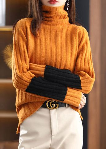 Orange Cozy Patchwork Woolen Sweater Turtleneck Spring TF036