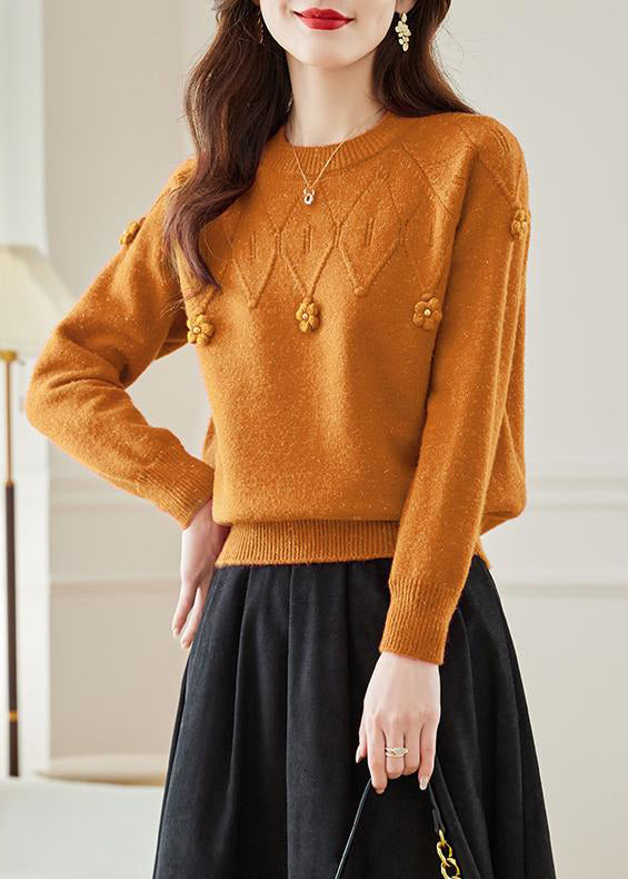 Orange Hollow Out Solid Knit Fall Sweaters O Neck QS012 OM-BB241010