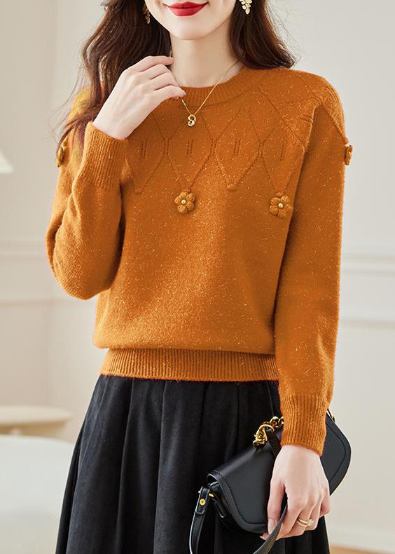 Orange Hollow Out Solid Knit Fall Sweaters O Neck QS012 OM-BB241010