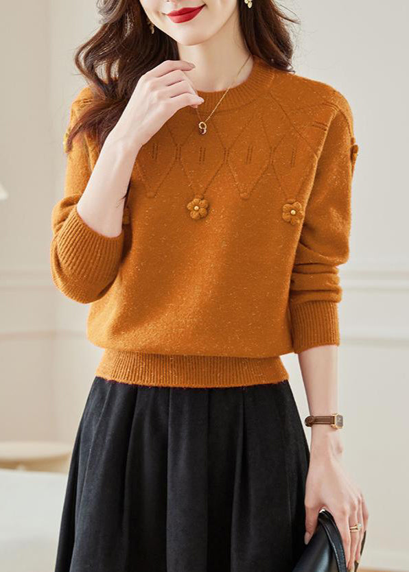 Orange Hollow Out Solid Knit Fall Sweaters O Neck QS012 OM-BB241010
