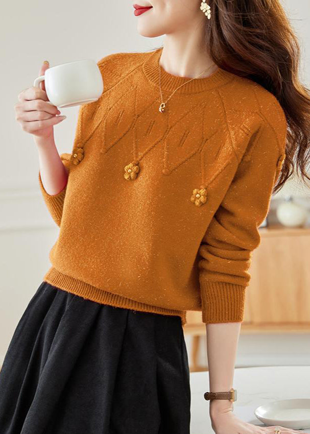 Orange Hollow Out Solid Knit Fall Sweaters O Neck QS012 OM-BB241010