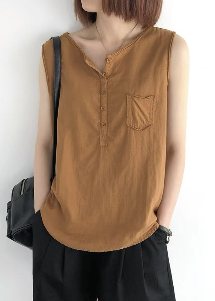 Pocket Tops Linen Orange Sleeveless O-Neck FashionChic