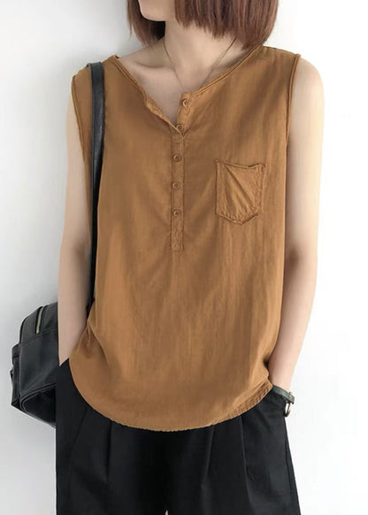 Pocket Tops Linen Orange Sleeveless O-Neck FashionChic
