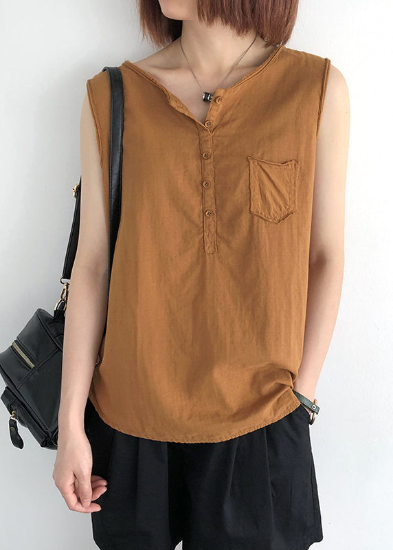 Pocket Tops Linen Orange Sleeveless O-Neck FashionChic