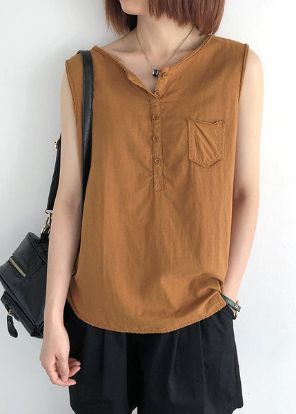 Pocket Tops Linen Orange Sleeveless O-Neck FashionChic