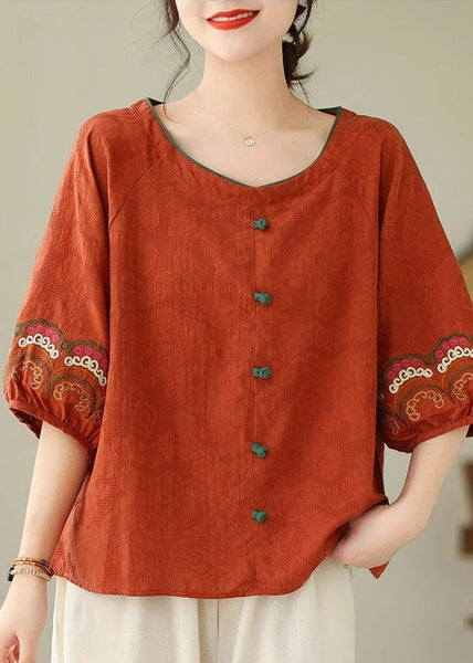 Summer Button Orange Loose Top O-Neck FashionChic