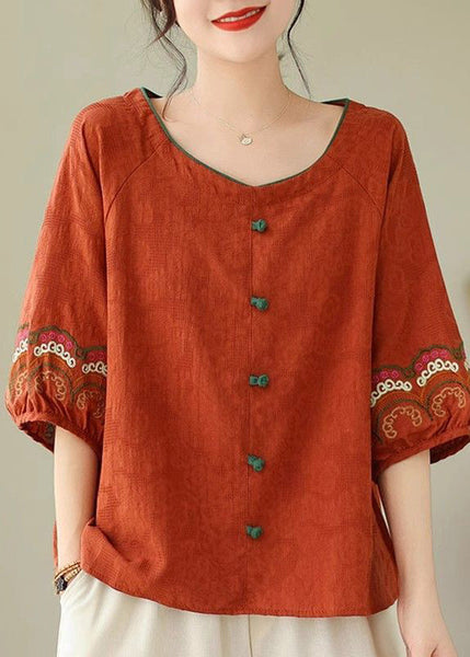 Summer Button Orange Loose Top O-Neck FashionChic