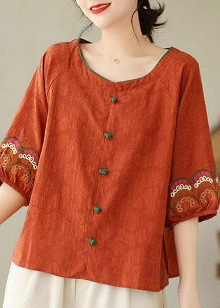 Summer Button Orange Loose Top O-Neck FashionChic
