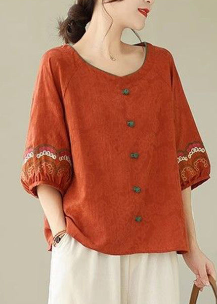 Summer Button Orange Loose Top O-Neck FashionChic