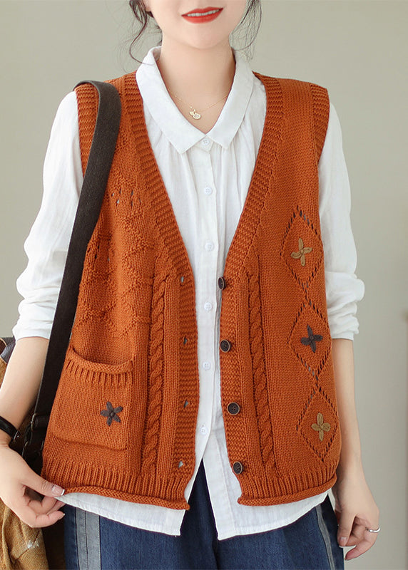 Orange Pockets Knit Vest V Neck Embroideried Fall QA035 OM-ZS241009