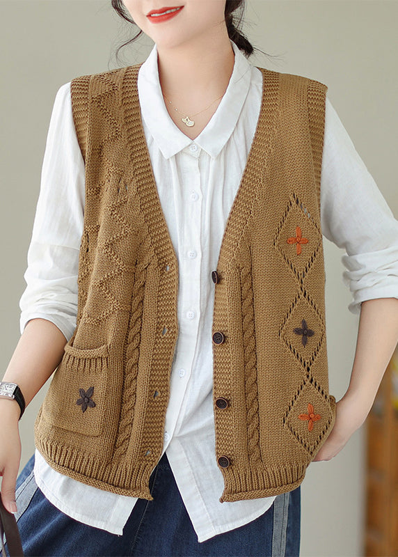 Orange Pockets Knit Vest V Neck Embroideried Fall QA035 OM-ZS241009