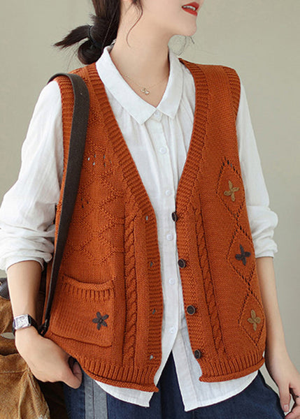 Orange Pockets Knit Vest V Neck Embroideried Fall QA035 OM-ZS241009