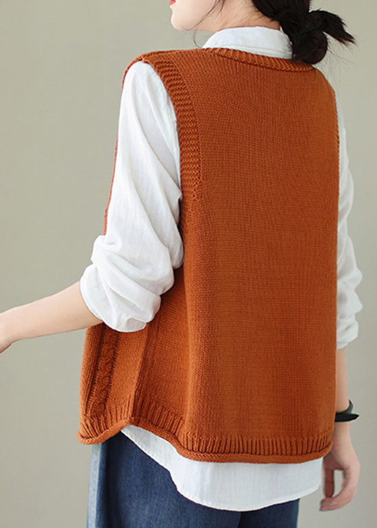 Orange Pockets Knit Vest V Neck Embroideried Fall QA035 OM-ZS241009
