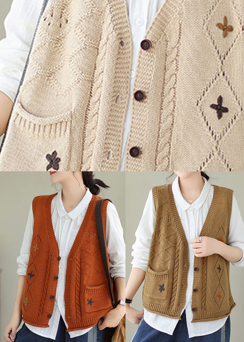 Orange Pockets Knit Vest V Neck Embroideried Fall QA035 OM-ZS241009