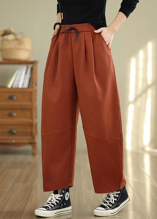 Orange Pockets Loose Cotton Pants Elastic Waist Fall QO047 OM-ZS241008