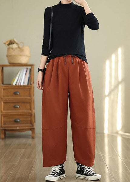 Orange Pockets Loose Cotton Pants Elastic Waist Fall QO047 OM-ZS241008