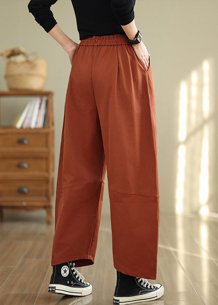 Orange Pockets Loose Cotton Pants Elastic Waist Fall QO047 OM-ZS241008