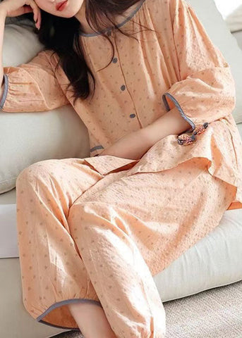 O Pieces Cotton Pajamas Orange Set Two Fall Patchwork Pockets FashionChic