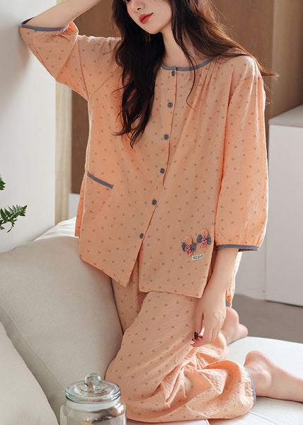 O Pieces Cotton Pajamas Orange Set Two Fall Patchwork Pockets FashionChic