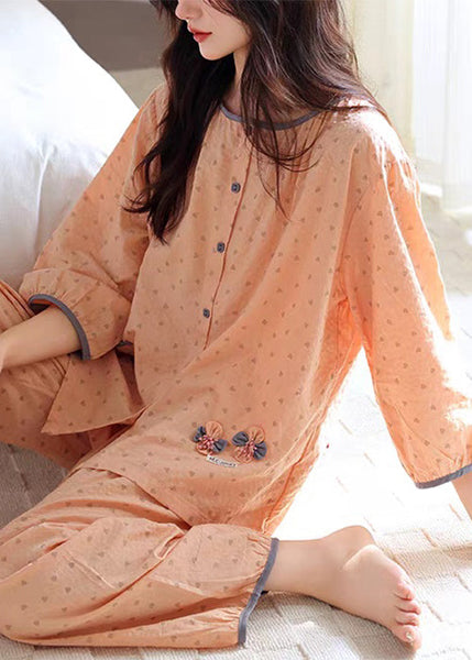 O Pieces Cotton Pajamas Orange Set Two Fall Patchwork Pockets FashionChic