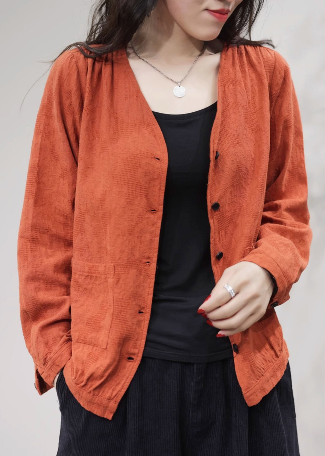 Orange Pockets Solid Cotton Coat Coats V Neck Fall FF029 MZF-CTS240607