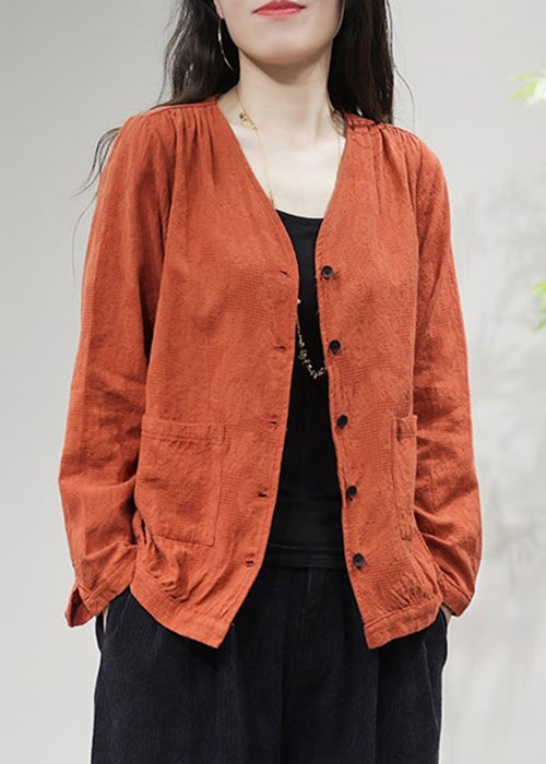 Orange Pockets Solid Cotton Coat Coats V Neck Fall FF029 MZF-CTS240607