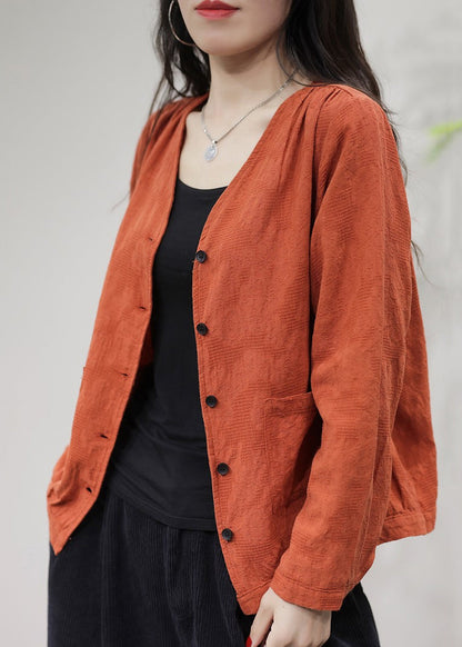 Orange Pockets Solid Cotton Coat Coats V Neck Fall FF029 MZF-CTS240607