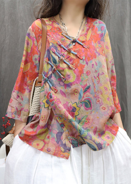 Bracelet Sleeve Orange Linen Button Print Neck V Blouse FashionChic