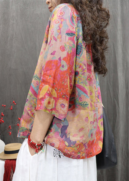 Bracelet Sleeve Orange Linen Button Print Neck V Blouse FashionChic