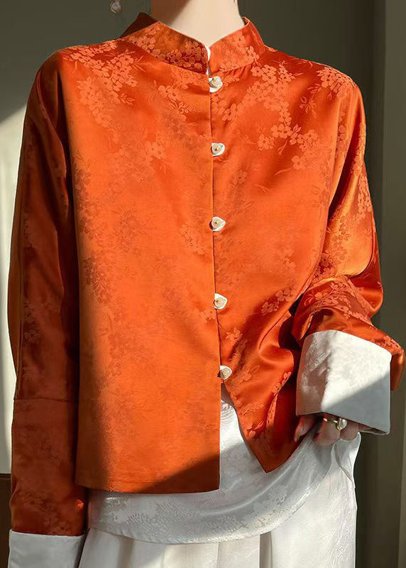 Orange Print Button Silk Shirts Stand Collar Long Sleeve AB1054 Genistyle Shop