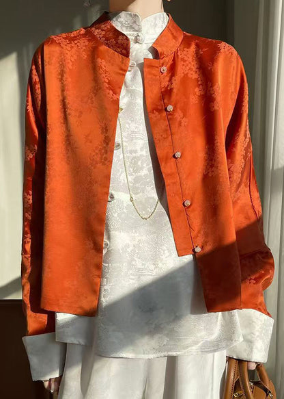 Orange Print Button Silk Shirts Stand Collar Long Sleeve AB1054 Genistyle Shop