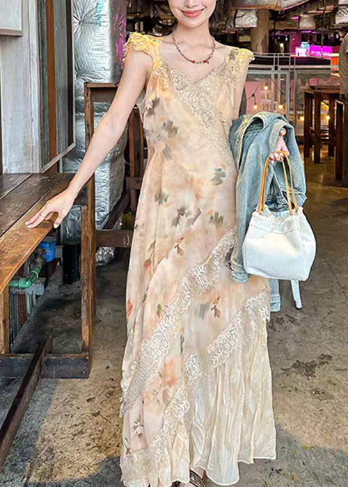 Print Dress Patchwork Long Cotton Lace Neck Orange V Summer FashionChic