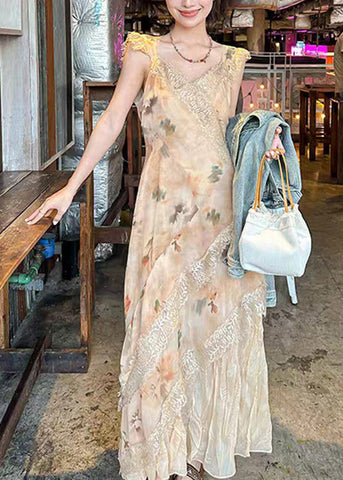 Print Dress Patchwork Long Cotton Lace Neck Orange V Summer FashionChic