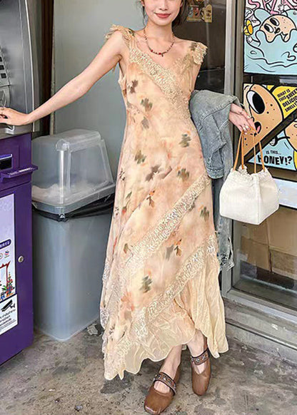 Print Dress Patchwork Long Cotton Lace Neck Orange V Summer FashionChic