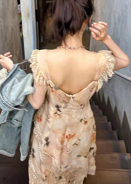 Print Dress Patchwork Long Cotton Lace Neck Orange V Summer FashionChic