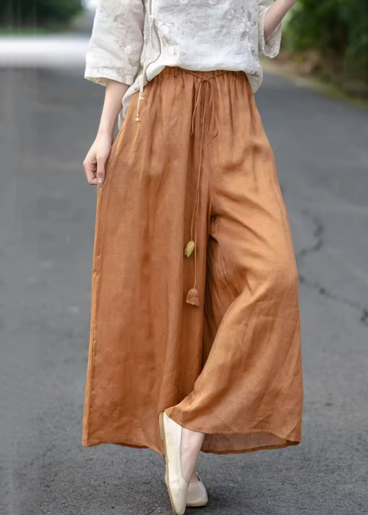 Crop Elastic Waist Orange Pockets Solid Pants Summer Cotton FashionChic