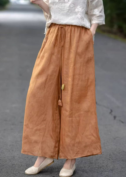 Solid Elastic Cotton Orange Pants Pockets Crop Summer Waist FashionChic