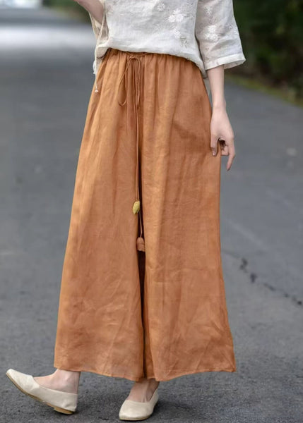 Solid Elastic Cotton Orange Pants Pockets Crop Summer Waist FashionChic