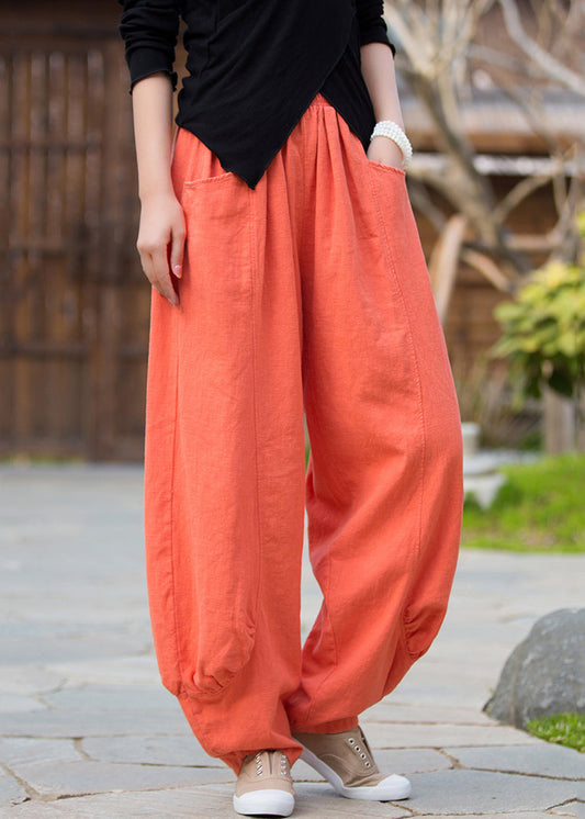 Orange Solid Pockets Linen Pants High Waist QE020 MZF-LPTS240927