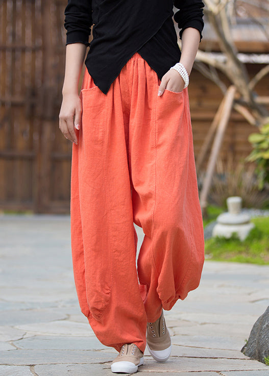 Orange Solid Pockets Linen Pants High Waist QE020 MZF-LPTS240927