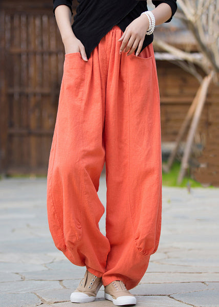Orange Solid Pockets Linen Pants High Waist QE020 MZF-LPTS240927