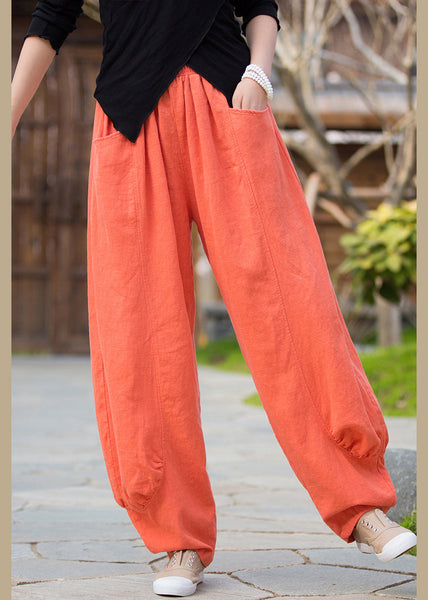 Orange Solid Pockets Linen Pants High Waist QE020 MZF-LPTS240927