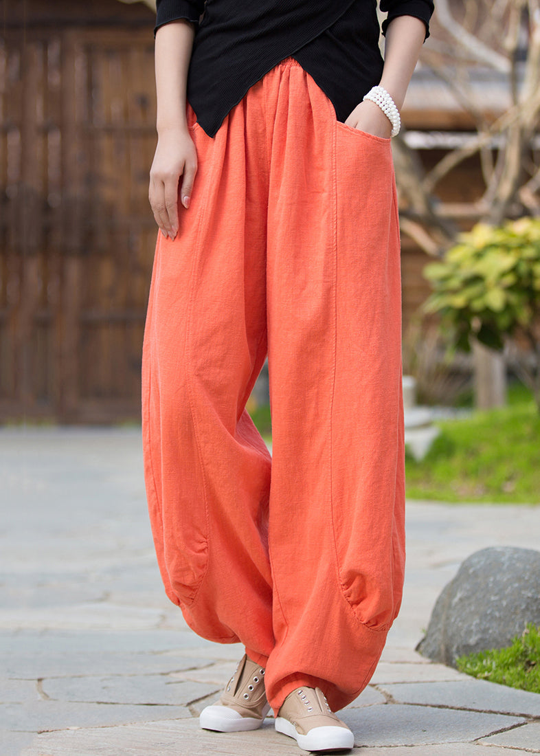 Orange Solid Pockets Linen Pants High Waist QE020 MZF-LPTS240927