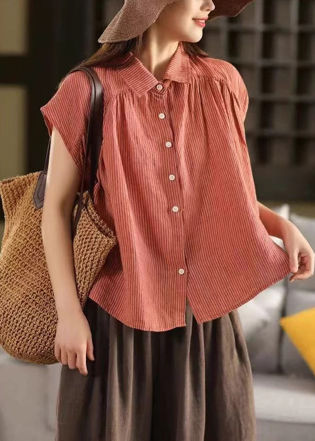 Summer Pan Blouses Collar Striped Button Orange Linen Peter FashionChic