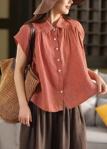 Summer Pan Blouses Collar Striped Button Orange Linen Peter FashionChic