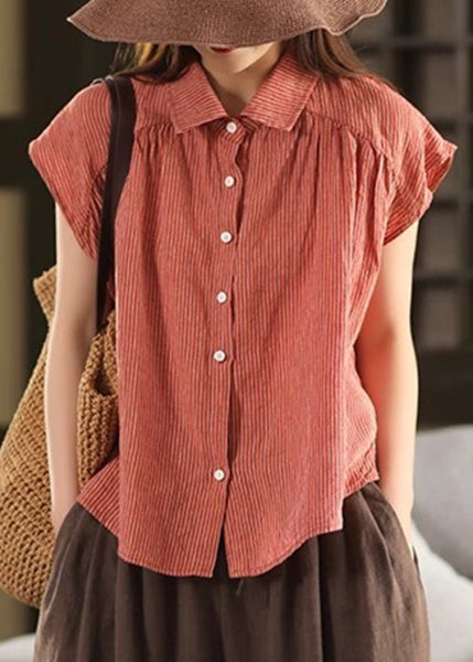Summer Pan Blouses Collar Striped Button Orange Linen Peter FashionChic