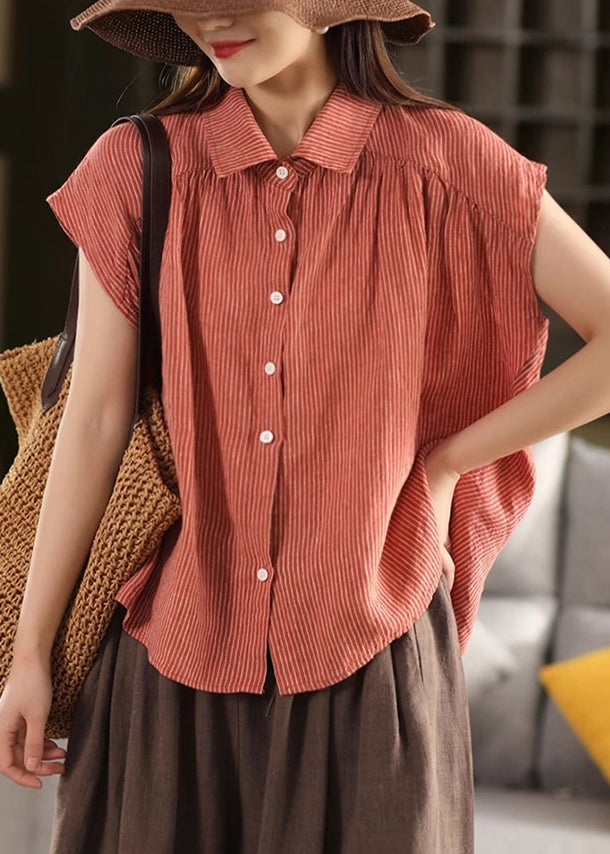 Summer Pan Blouses Collar Striped Button Orange Linen Peter FashionChic